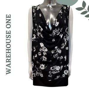 🛍️3/$40 Warehouse One Drape Neck Floral Top Open Lace Back Black Blue– Size XXL